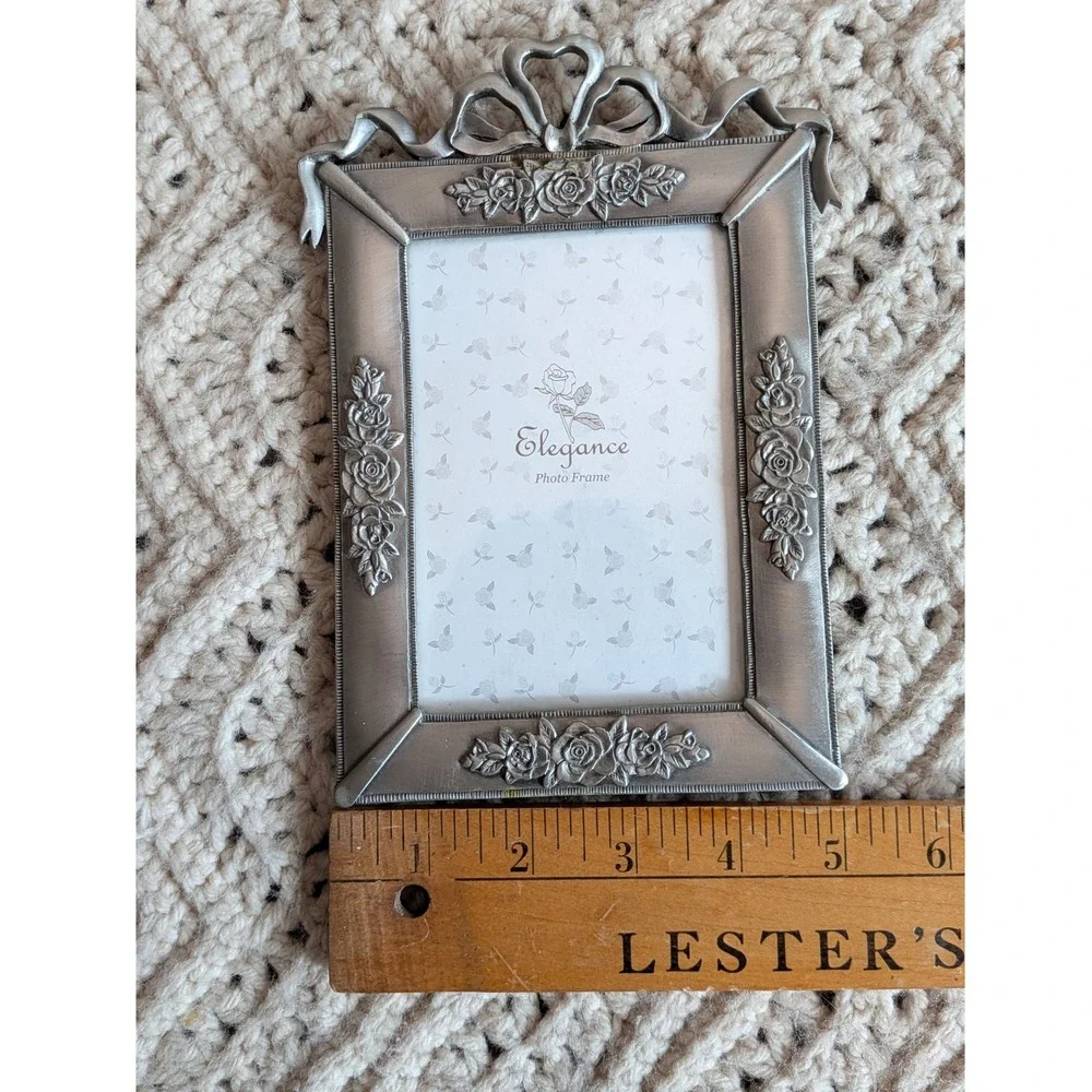 Elegance Pewter Photo Frame 4x6 Vintage 2004 Rose Floral Bow Ribbon Silver Tone